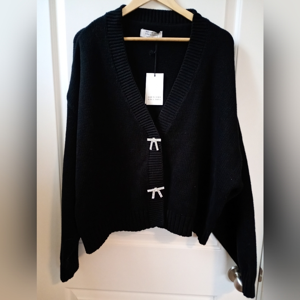 🎀Brunette The Label Audrey Black Knit Sparkly Bow Cardi Sweater ~XL/2XL🎀
